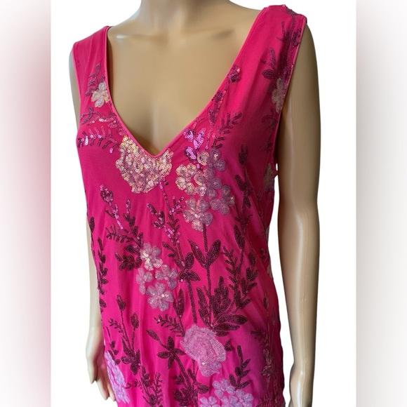 Pink Silver Sequin Embroidered Floral Preppy Barbie Glam Party Midi Dress - Picture 2 of 8